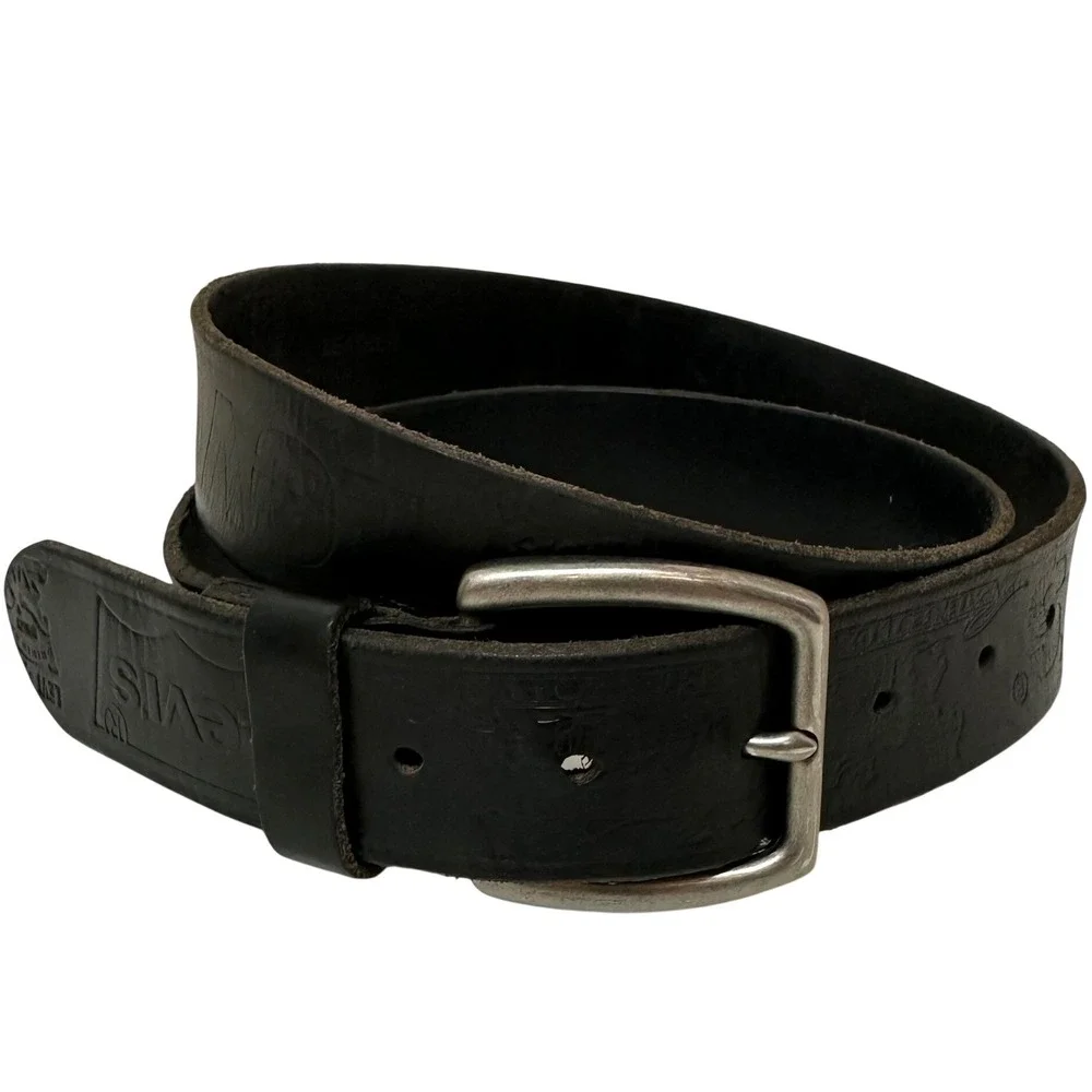 Levis Men's Black Leather Embossed Logo Belt Size 38/40 Silver Buckle